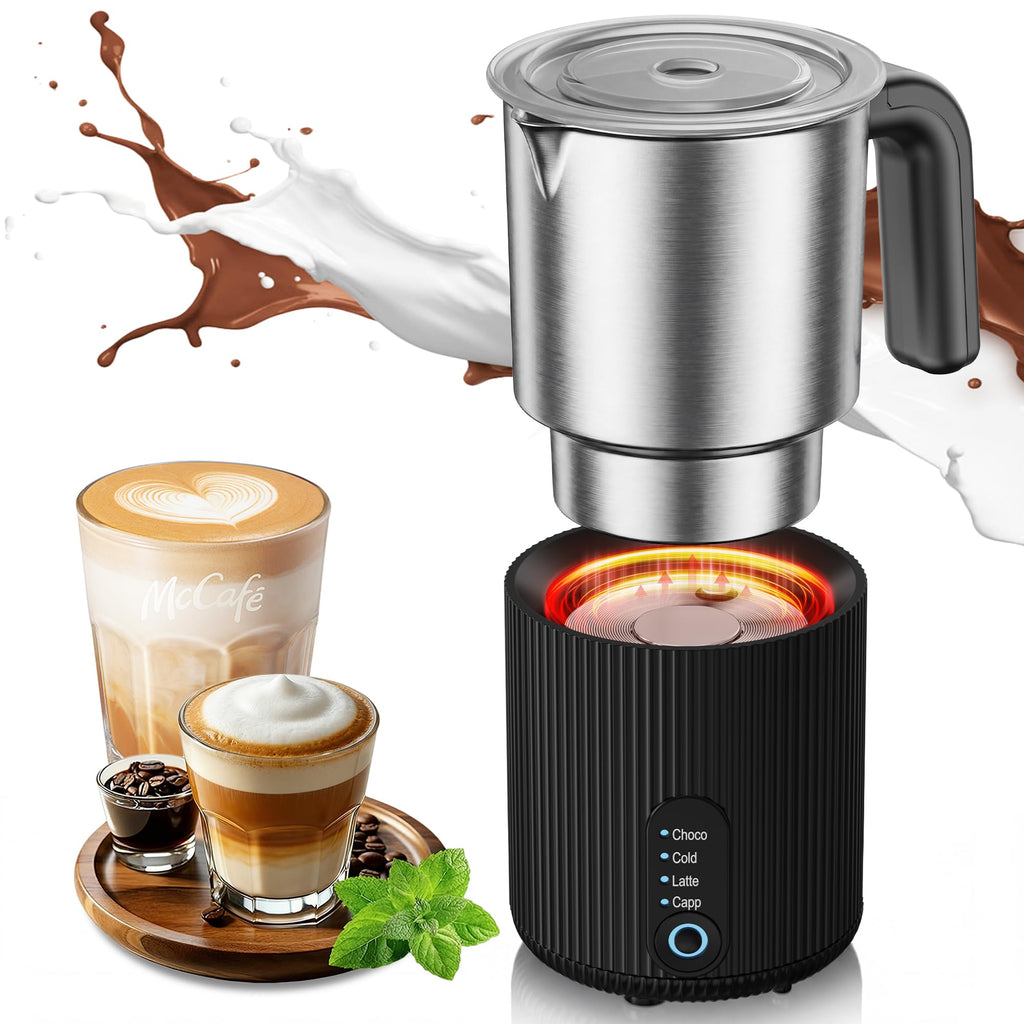 Electric Milk Frother and Steamer, 4-in-1 Instant Milk Steamer for Coffee, Latte, Cappuccino, Hot Chocolate, Automatic Hot & Cold Milk Foamer, Stainless Steel Detachable Cup, Quiet, Dishwasher Safe