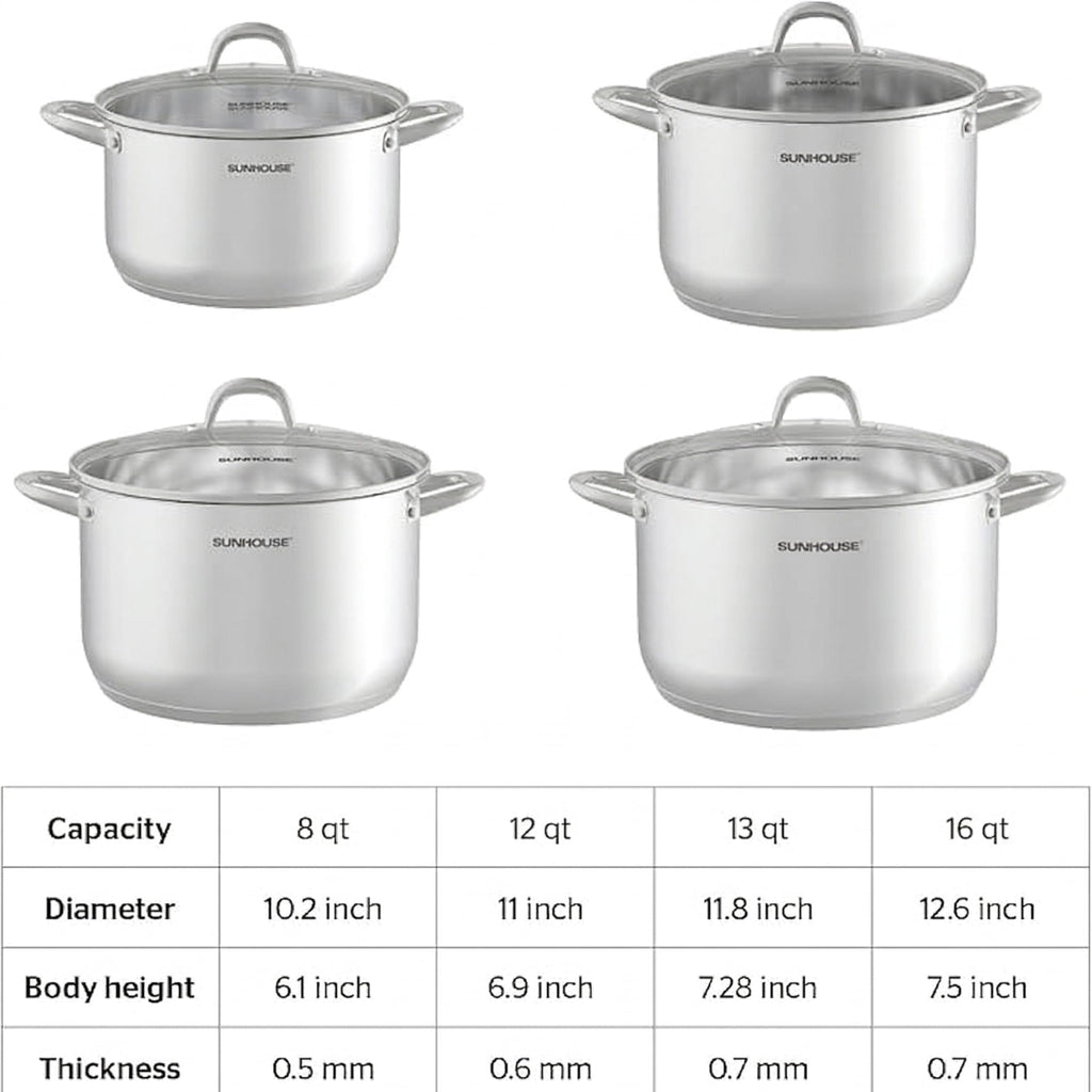 SUNHOUSE Stainless Steel Stock Pot - 11 Quart Heavy-Duty Induction Cooking Pot with Visible Lid for Pasta, Soup, Spaghetti - Nonstick Thick-Bottom Deep Stockpot for Canning, Boiling, and Simmering