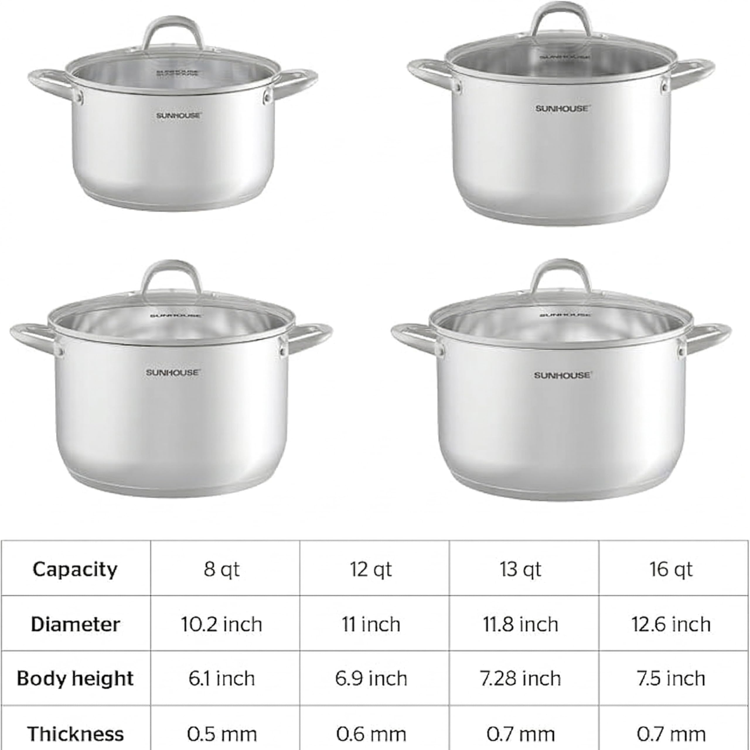 SUNHOUSE Stainless Steel Stock Pot - 11 Quart Heavy-Duty Induction Cooking Pot with Visible Lid for Pasta, Soup, Spaghetti - Nonstick Thick-Bottom Deep Stockpot for Canning, Boiling, and Simmering