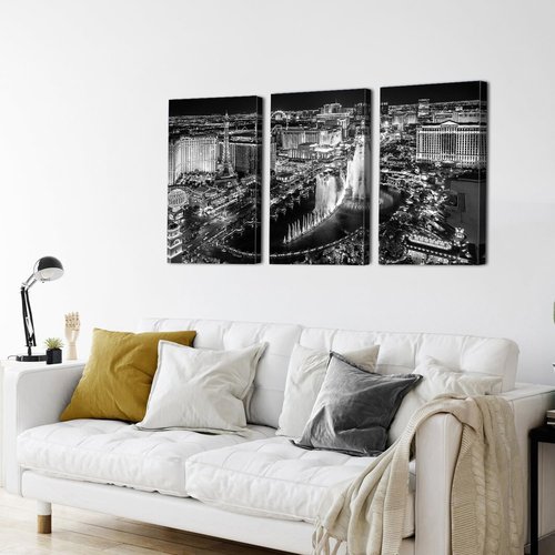 Las Vegas Skyline Wall Art - Black and White Cityscape Canvas Prints | 16x32" Set for Office & Living Room Decor