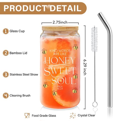 Christian Glass Tumbler Gifts for Bee Lovers - 'Kind Words are Like Honey' Inspirational Bible Verse 16oz with Lid & Straw, Sweet Present for Beekeeper, Teacher, Mom -m10