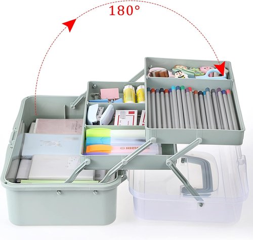 BTSKY Craft Organizer - 3-Layer Plastic Storage Box with Adjustable Spacers | Portable Haze Green Art Supply Box