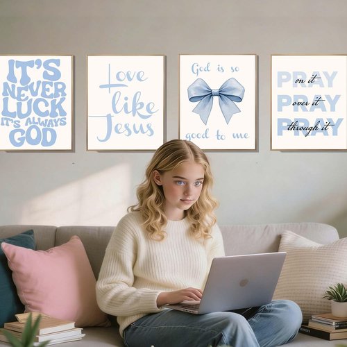 EVER-GOING TUNE Gray Blue Jesus Wall Decor Set of 4 | Inspirational Bible Verse Art for Girls' Bedroom, 8x10 Unframed