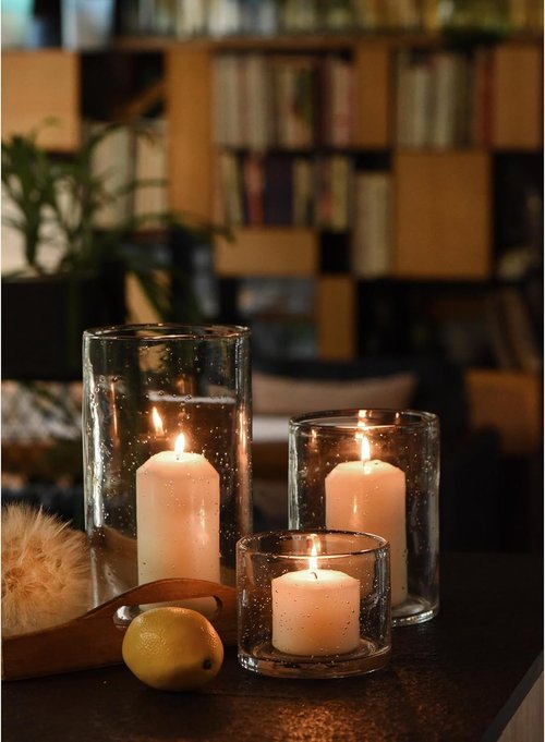 ARIAMOTION Hurricane Candle Holders - Hand Blown Glass Cylinder Vases | Clear Seeded Bubbles - Set of 3 (10", 7", 4")