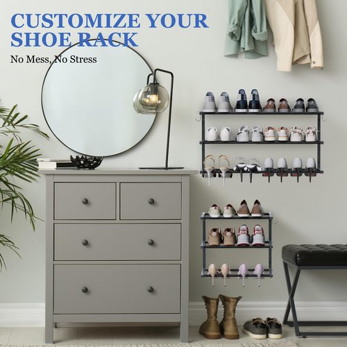 2 Pack Wall Mounted Shoe Rack, 3 Tier Hanging Shoe Rack Holds 24 Pairs, 17"-30"Adjustable Heavy Duty Shoe Organizer Holder with 4 Storage Hooks, Space Saving for Closet Entryway, Black, Patent Pending