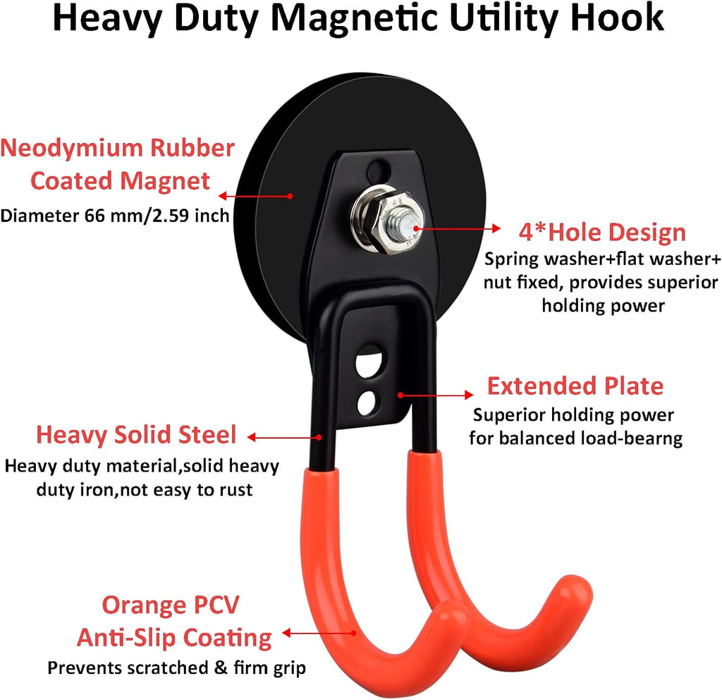 ULIBERMAGNET Heavy Duty Magnetic Hooks - 2 Pack Large J Hooks with Anti-Slip Coating for Garden Tools & Ropes