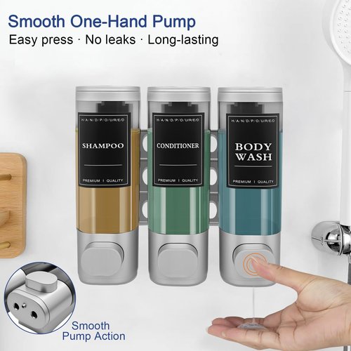 Emelunox 3-Chamber Wall Mount Shower Dispenser - No-Drill Adhesive or Drill Mount - Refillable Shampoo, Conditioner & Body Wash Dispenser for Home, RV & Hotel - Eco-Friendly & Compact (Silver)