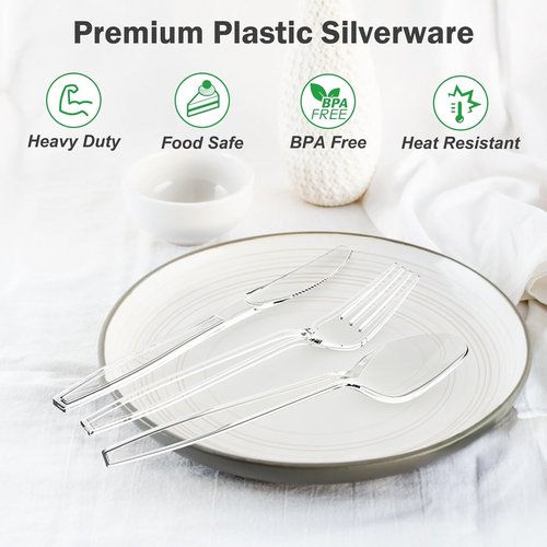 Dealusy 360 Count Extra Heavy Duty Clear Plastic Silverware Set - BPA-Free & Heat Resistant Utensils