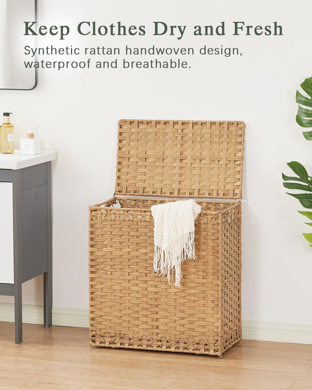 SETVSON Laundry Hamper - Handwoven Rattan Basket with Lid & 3 Removable Liners | 112L (29.6 Gal)