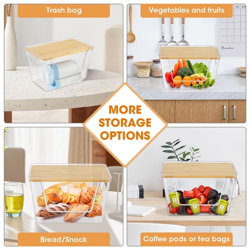 4 Set Pantry Organizers and Potato Onion Storage Bins, Stackable Kitchen Counter Cabinet Basket for Produce, Fruit, Vegetable, Snack Storage, Laundry Organizer Trash Bag Holder with Bamboo Lid