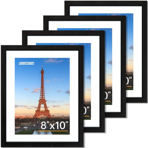 FIXSMITH 8x10 Picture Frame Set of 4, Photo Frame with HD Plexiglass, Display Pictures 5x7 with Mat or 8x10 Without Mat Multi Picture Frames Collage for Tabletop or Wall Display, Black