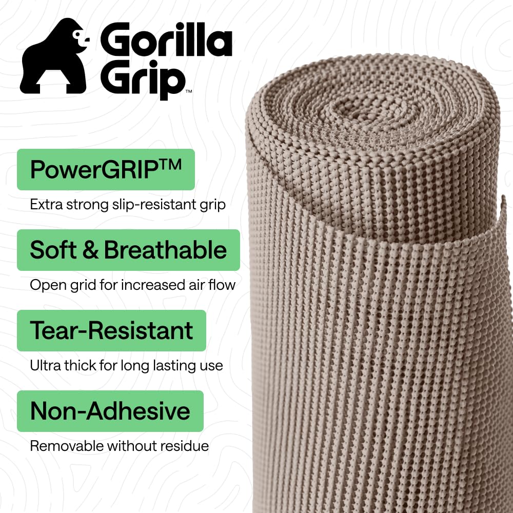 GORILLA GRIP powerGRIP Drawer Shelf and Cabinet Liner, Thick Strong Hold, Non-Adhesive Liners Protect Kitchen Cabinets and Cupboard, Bathroom Drawers, Easy Install Mat, 12" x20', Beige