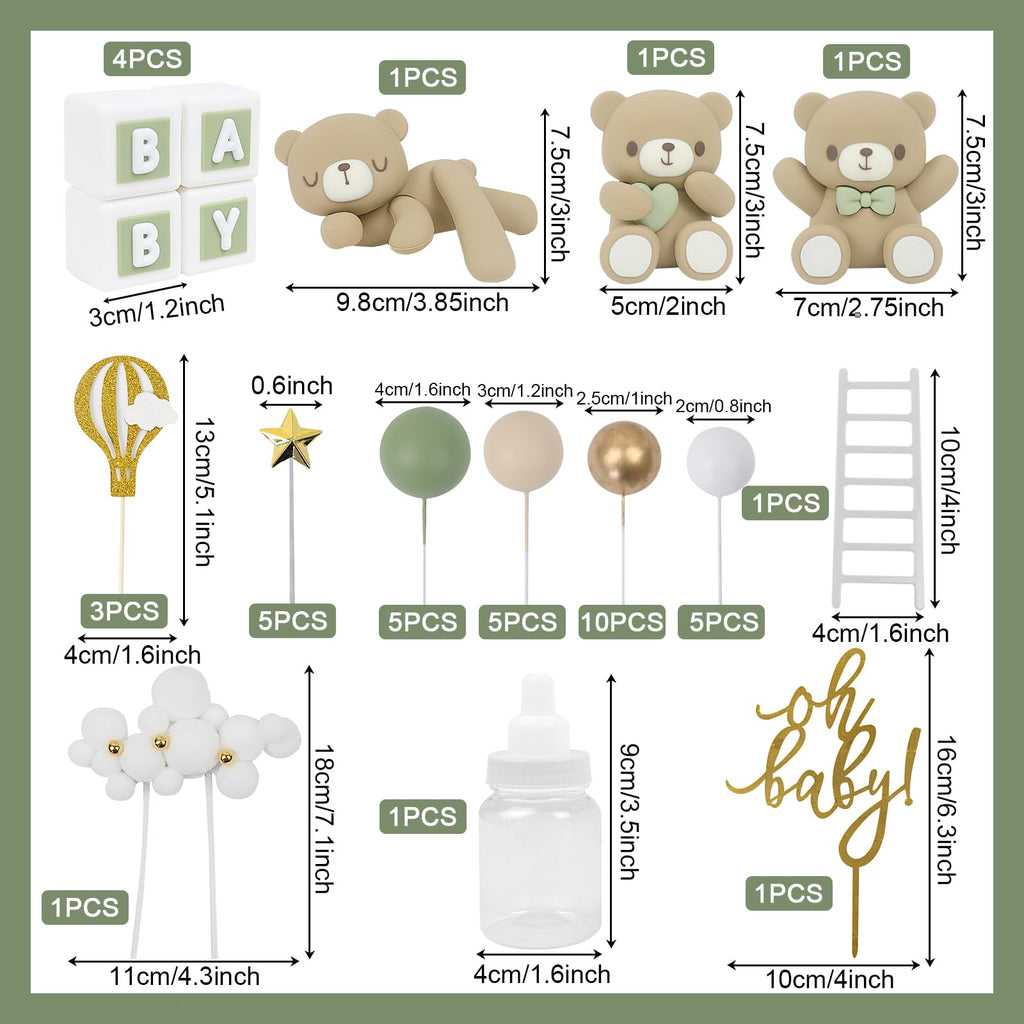 Acmee 44 PCS Green Bear Cake Toppers - Mini 3D Bear BABY Letters Milk Bottle Green Gold Foam Balls Cake Toppers for Boy Girl Birthday Party Baby Shower Cake Decorations