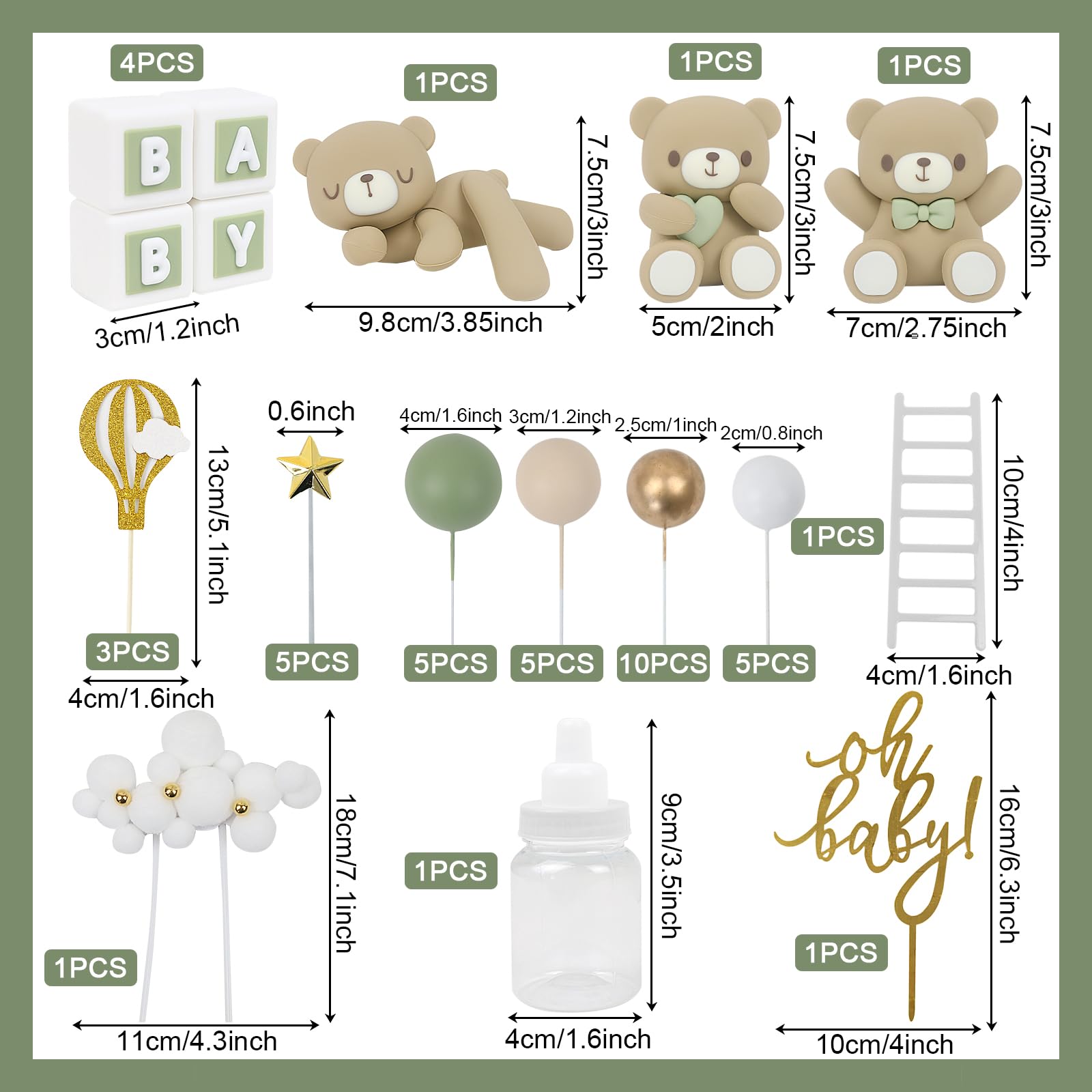 Acmee 44 PCS Green Bear Cake Toppers - Mini 3D Bear BABY Letters Milk Bottle Green Gold Foam Balls Cake Toppers for Boy Girl Birthday Party Baby Shower Cake Decorations