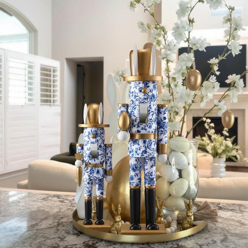 Weysat 2 Pcs Easter Nutcracker Figure Blue and White Bunny Wooden Nutcracker Figure Chinoiserie Easte Ornament for Festival Party Gift Shelf Table Desktop Fireplace Decor 10inch, 15inch
