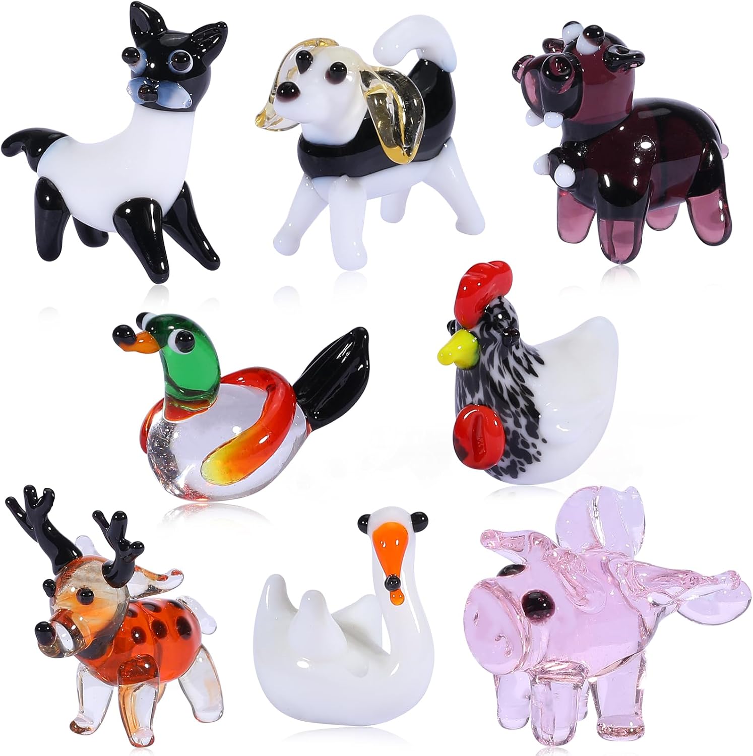 Skiennix 8 Piece Hand Blown Glass Figurines - Miniature Animal Collection for Home Decor & Gifts