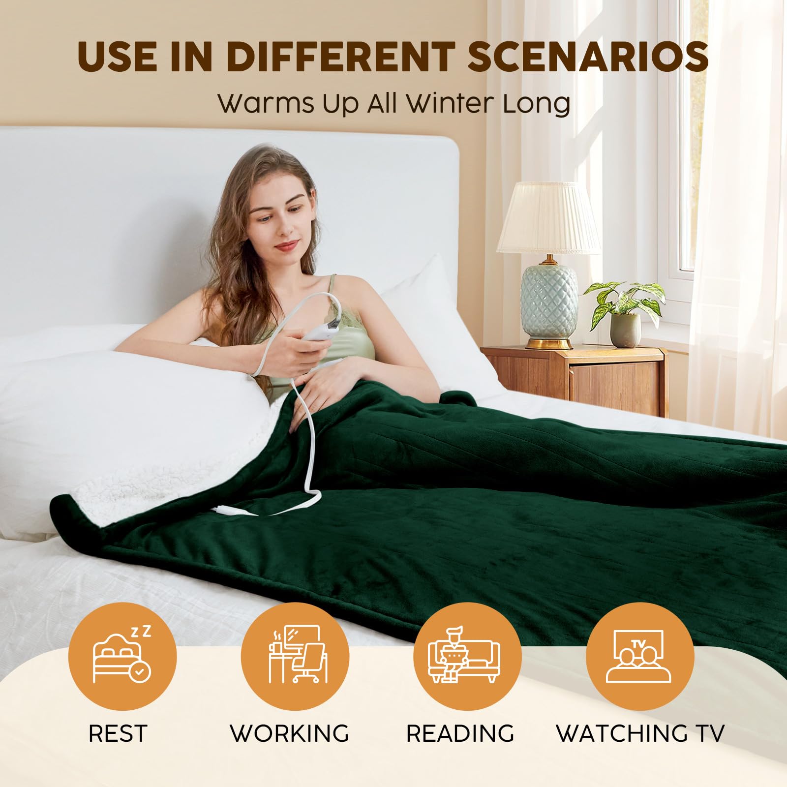 HYLEORY Heated Electric Blanket Queen 84"x90" Soft Fleece & Flannel with 5 Heating Levels & 10 Hours Timer Auto Shutt Off, ETL Certified, Washable，Heated Blanket for Body-Dark Green