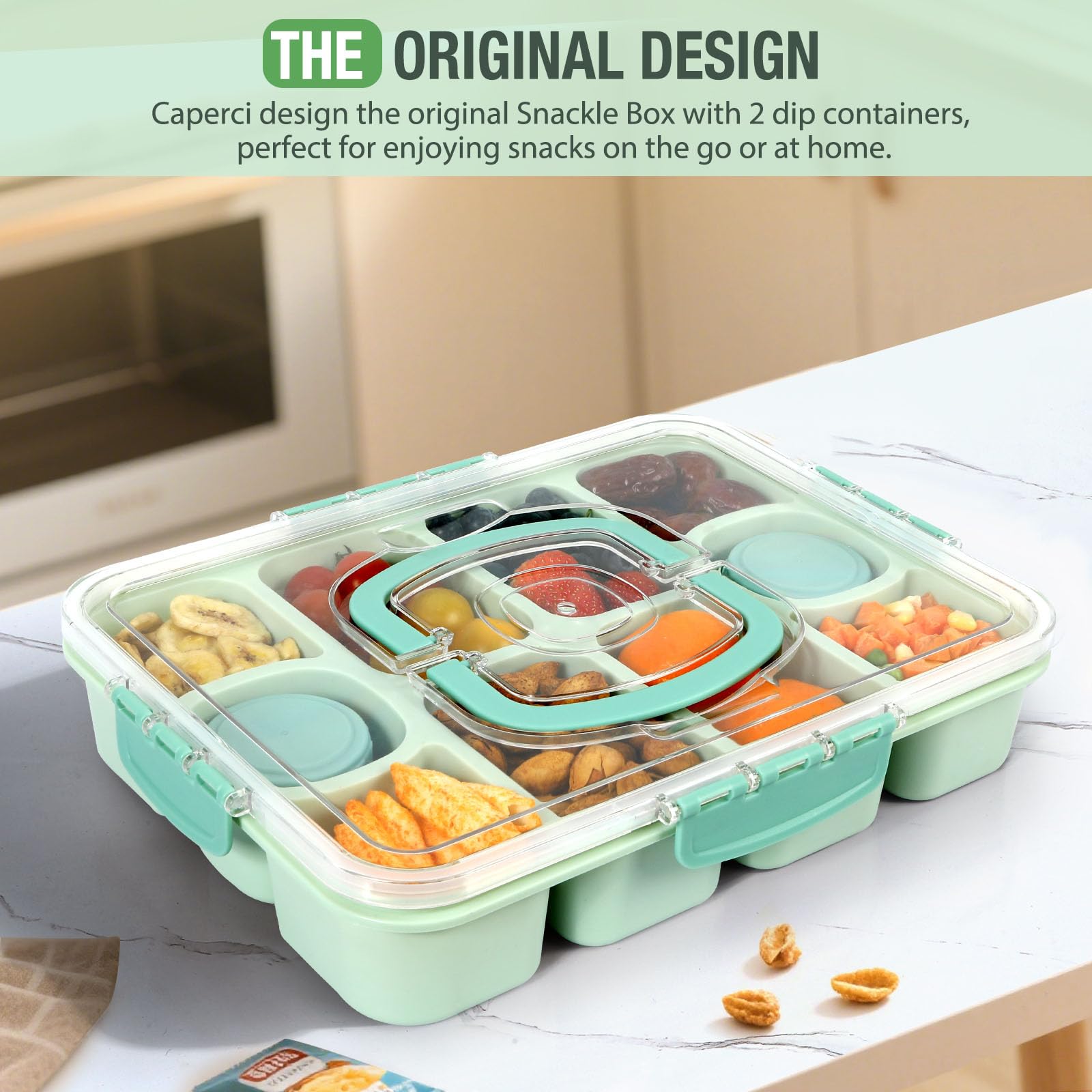 Caperci Original Snackle Box Container - 10-Compartment Divided Snack Serving Tray with Lid & Handle, Built-in 2 Dressing Containers, Leak-Proof, Dishwasher Safe, BPA-Freen (Mint Green)