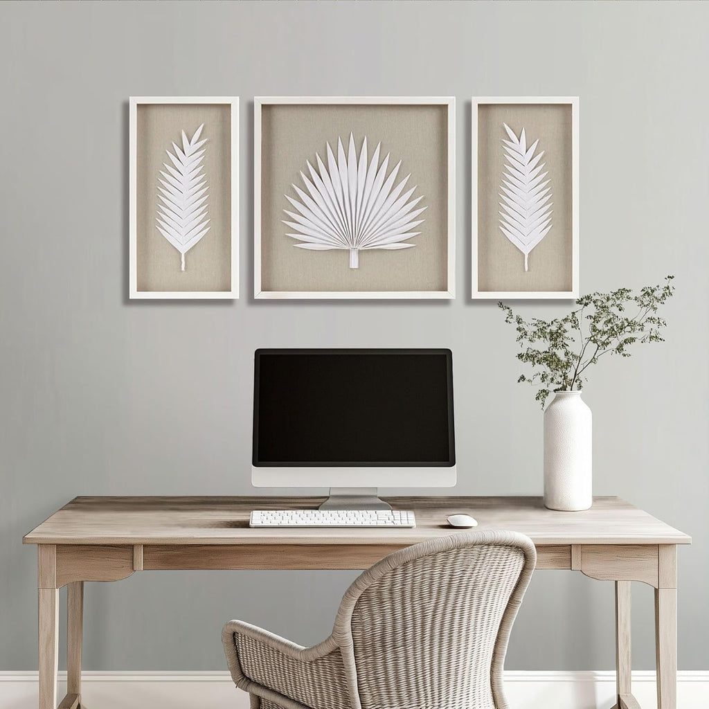 Madison Park Sabal Floral Wall Art - Handmade Canvas Palm Natural Rice Paper Shadow -Box Set, Glass, Wood Frame, Linen Base, Botanical Modern Room Decor for Hallway, Bedroom Accent, Off White 3 Piece