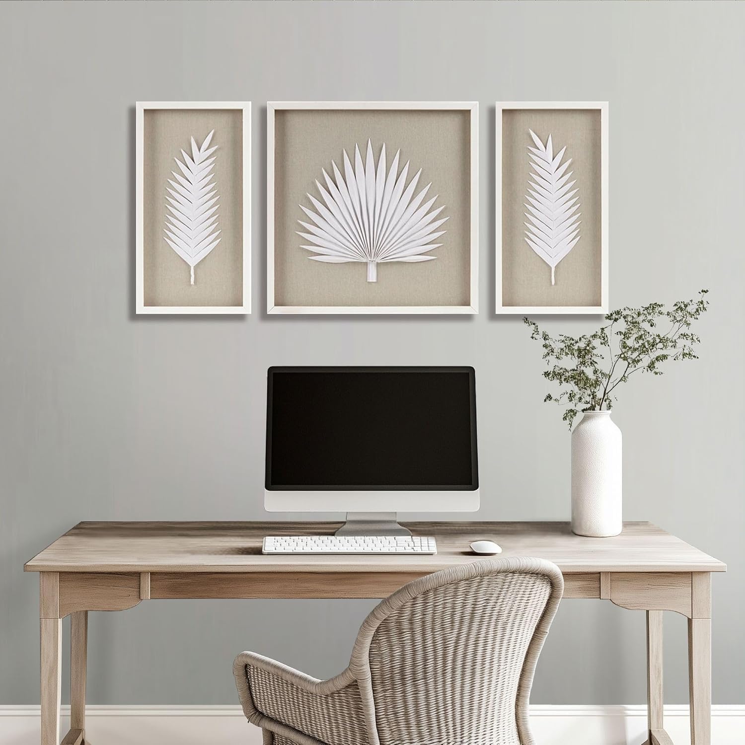 Madison Park Sabal Floral Wall Art - Handmade Canvas Palm Natural Rice Paper Shadow -Box Set, Glass, Wood Frame, Linen Base, Botanical Modern Room Decor for Hallway, Bedroom Accent, Off White 3 Piece