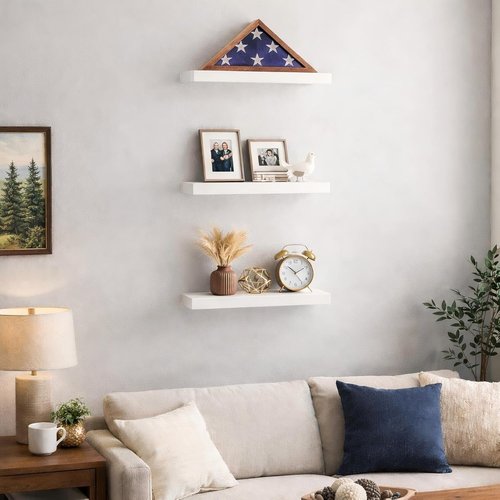BAYKA White Floating Shelves - Rustic Wood Wall Storage with Metal Brackets | Set of 3, 22lb Capacity for Home Decor