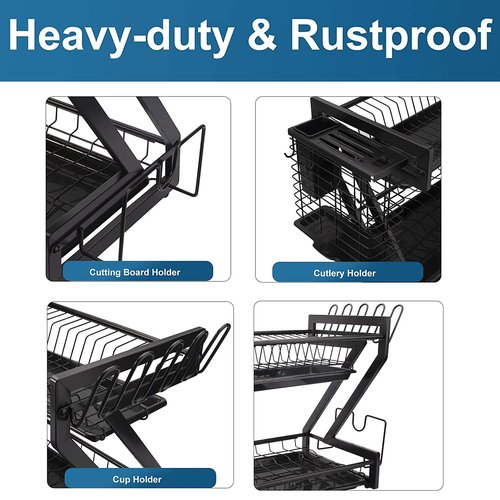 Loyalfire Dish Drying Rack, Stainless Steel 2 Tier Dish Rack with 2 Drainboard Set, Utensil Holder Dish Drainer, Cup Hanging Holder for Kitchen Counter with Multipurpose Design Easy Installation