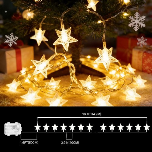 LAMPHOME LED Star String Lights - 16ft Warm White Fairy Lights with Remote & 8 Modes for Decor
