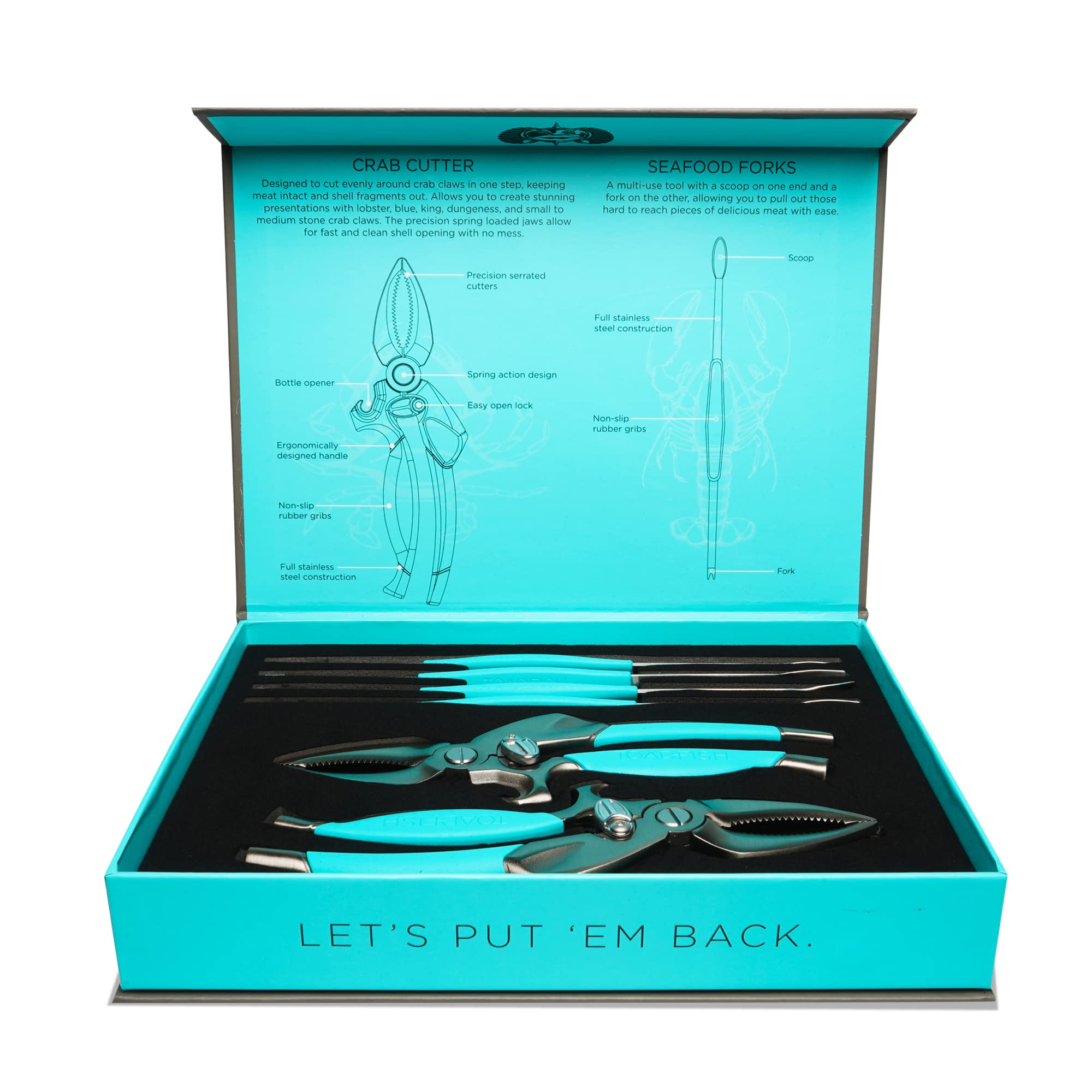 Toadfish Crab & Lobster Seafood Tool Set - 2 Shell Crackers With Cutters & 4 Multi-Use Forks - Non-Slip Grips - Stainless Steel - Built-In Bottle Opener - Makes A Beautiful Gift