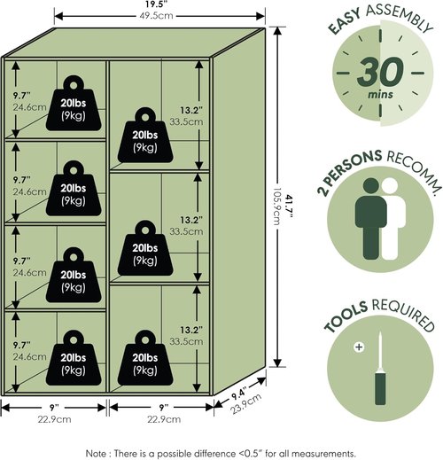 Furinno LUDER 7-Cube Bookshelf - Easy Assembly Bookcase with Open Shelves | Sage Green, 9.4 x 19.5 x 41.7