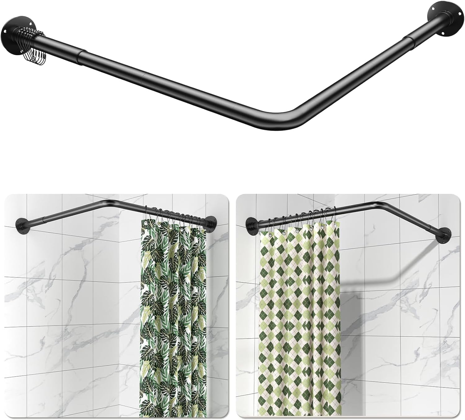 YASONIC L-Shaped Shower Curtain Rod - Includes 3 Pack Corner Shower Caddy for Optimal Space Saving