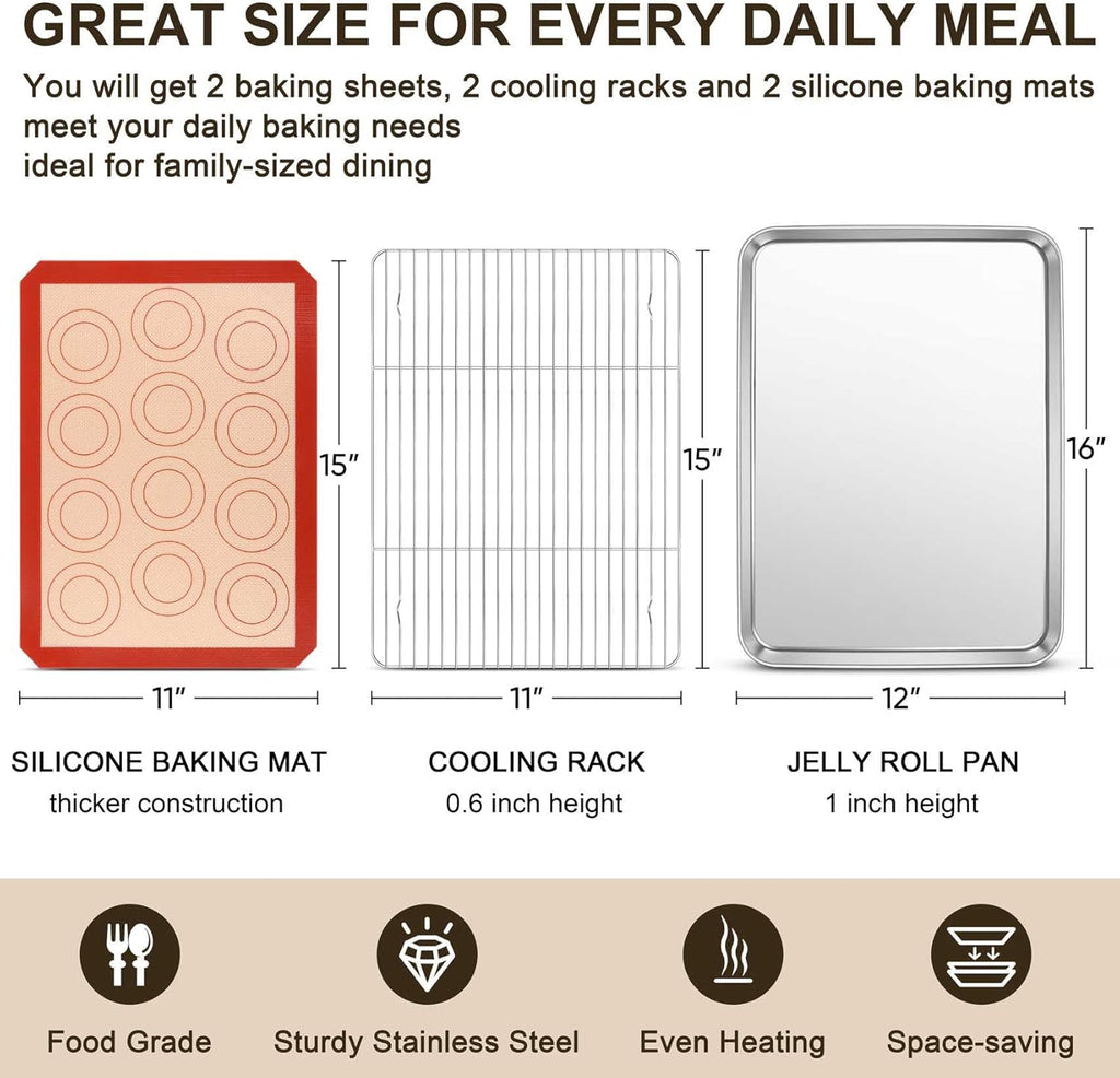 TeamFar Stainless Steel Baking Sheet Set - 16-Inch Cookie Sheets with Cooling Rack & Silicone Mats | Non-Toxic, Easy Clean