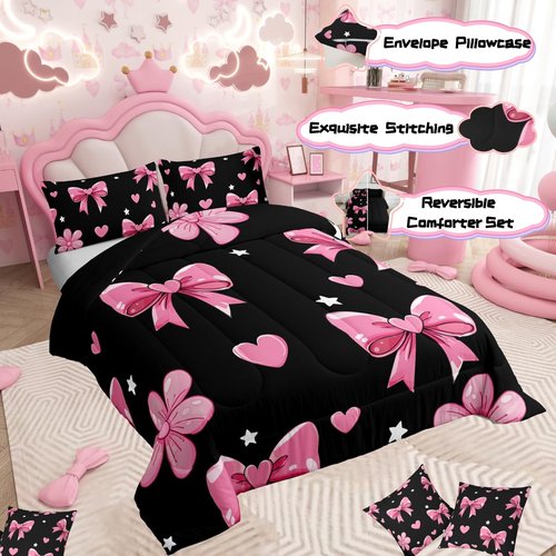 jejeloiu Bowknot Comforter Set All Season Black Pink Bedding Set with 1 Pillow Cases Pink Bow Microfiber Kids Twin Bedclothes Colourful Bowknot Bedroom Decor Duvet Quilt Breathable