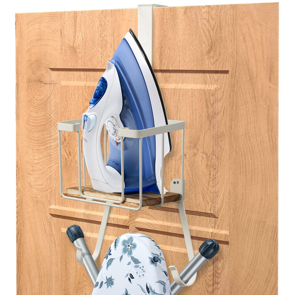 TJ.MOREE Over The Door/Wall Mount Ironing Board Hanger, Laundry Room Iron and Ironing Board Storage Holder, White