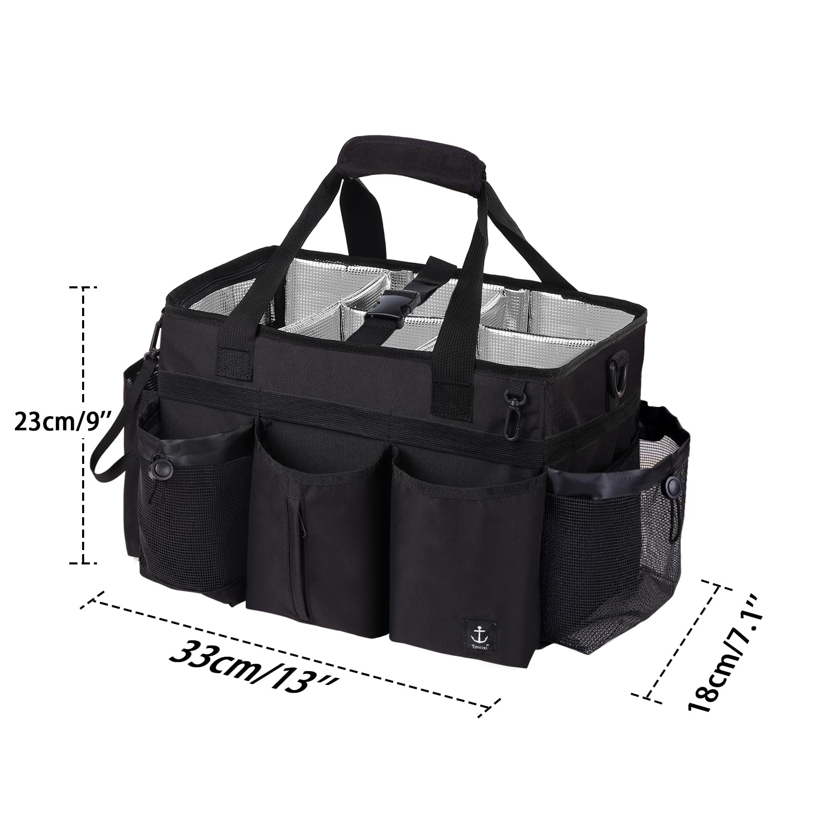 Timoxi Large Wearable Cleaning Caddy Bag with Detachable Divider, Cleaning Organizer with Handles, Cleaning Supply Tote with Adjustable Shoulder Strap&Waist Belt for Cleaners & Housekeeper (Black)