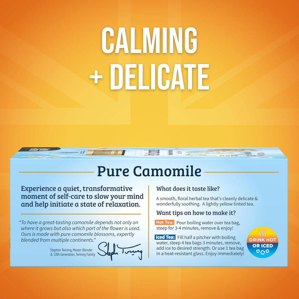 Twinings Pure Camomile Herbal Tea - 100 Individually Wrapped Bags for Relaxation | Caffeine-Free, Hot or Iced