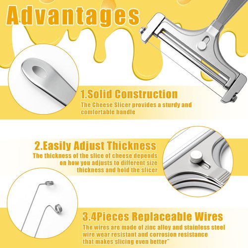 Stainless Steel Wire Cheese Slicer With 4 Extra Wires Adjustable Thickness, Handheld Cheese Cutter Butter Block Cutter for Cheddar, Gruyere, Raclette, Mozzarella Kitchen Slicing Tools