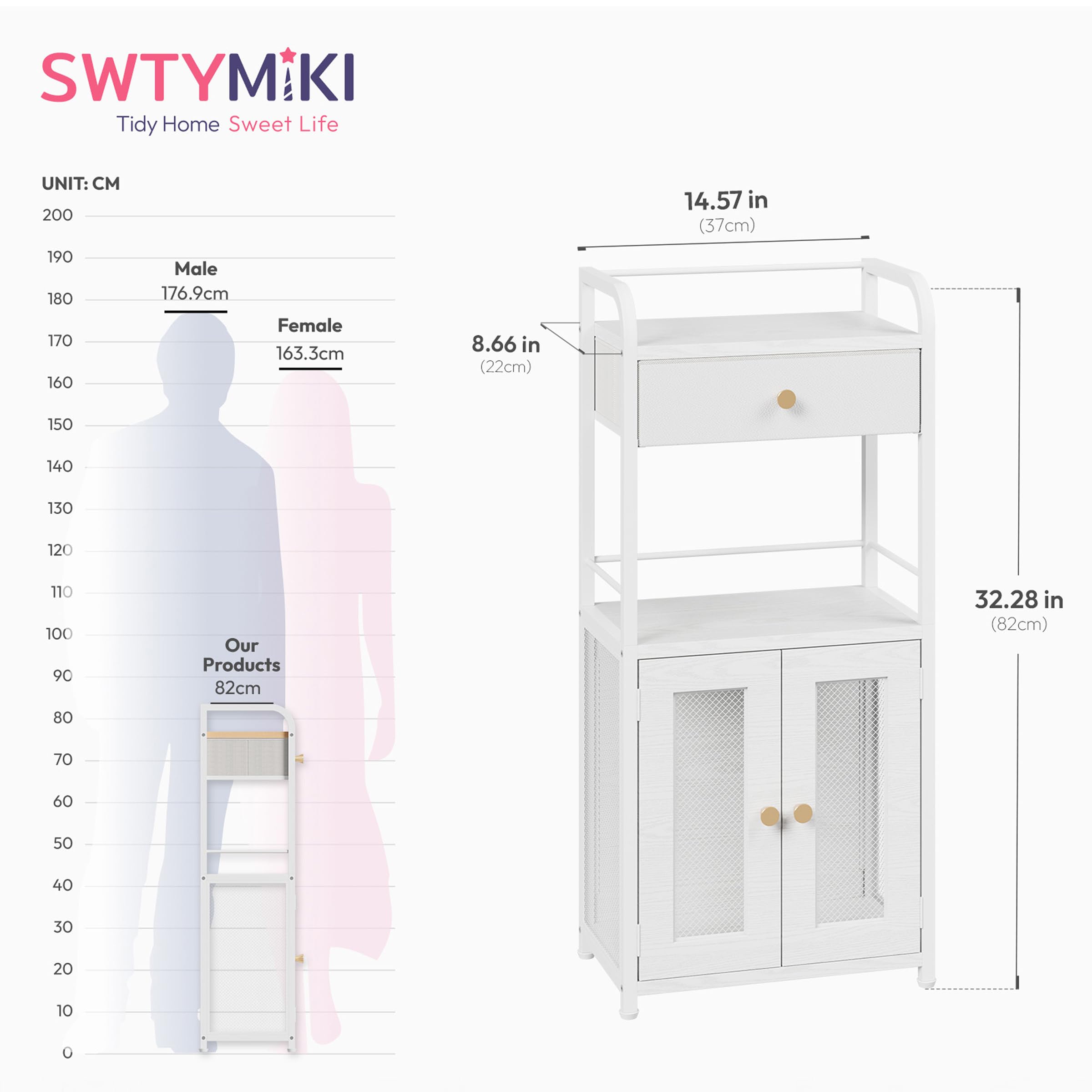 SWTYMIKI 14.57"x32.28" Bathroom Storage Cabinet – Freestanding Toilet Paper Storage with Doors & Drawer, Bathroom Organizers and Storage for Small Spaces, Laundry Room, Ideal for Towels, White