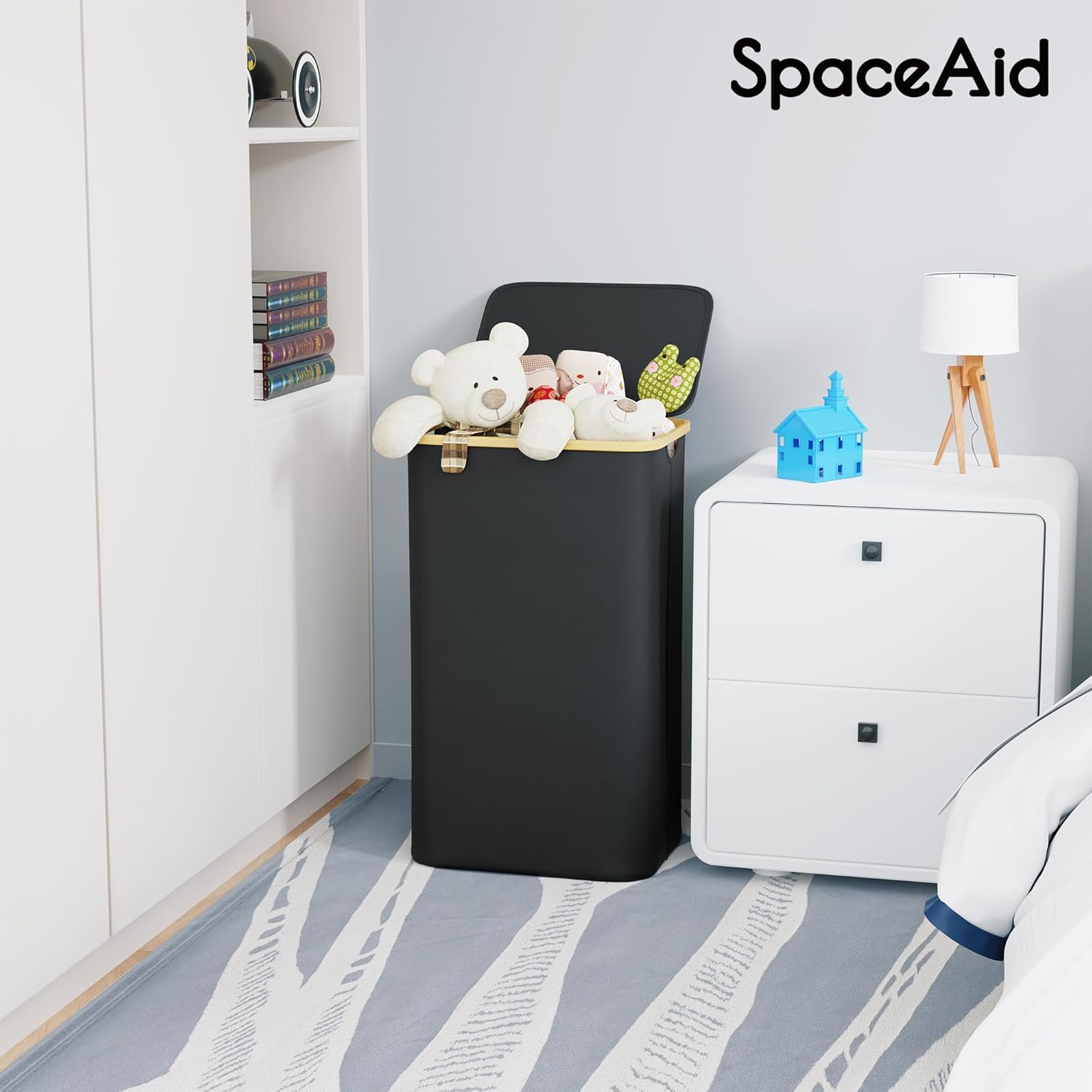 SpaceAid Laundry Hamper - 110L Tall Collapsible Basket with Lid & Bamboo Handles | Black