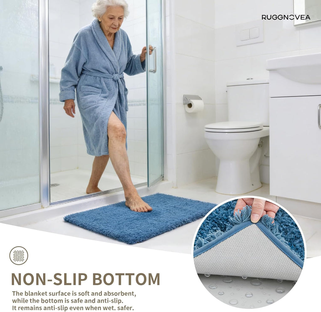 Skiennix Non-Slip Bathroom Rugs - Ultra Thick Microfiber Bath Mats | Absorbent & Fluffy 24x17, Blue