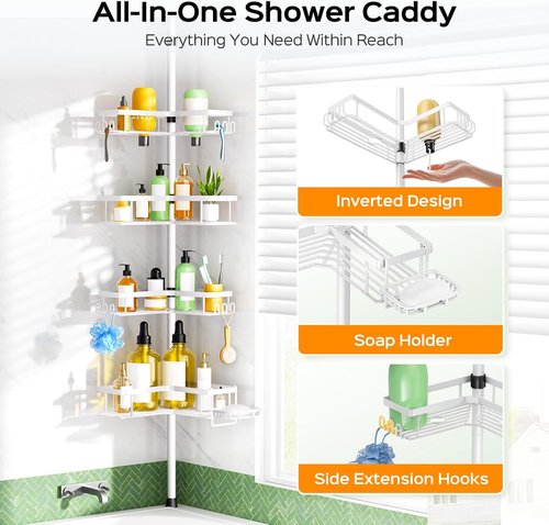 HAMITOR Corner Shower Caddy - 4-Tier Rustproof Bathroom Organizer with Soap Holder & Hooks | No-Drill Adjustable Tension Pole (47-123 Inch)