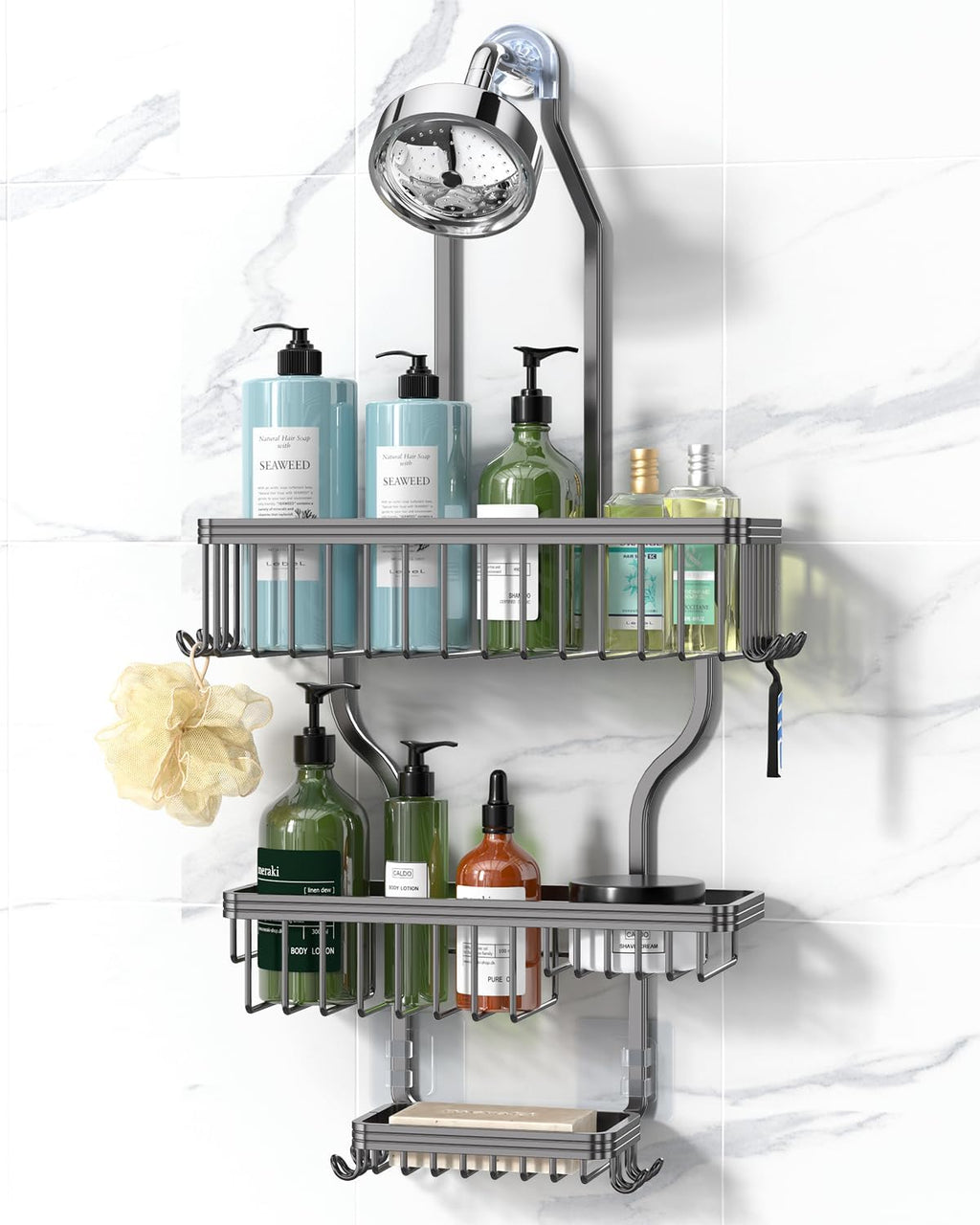 YASONIC Shower Caddy - Durable Aluminum Organizer with 10 Hooks & Soap Basket - Grey