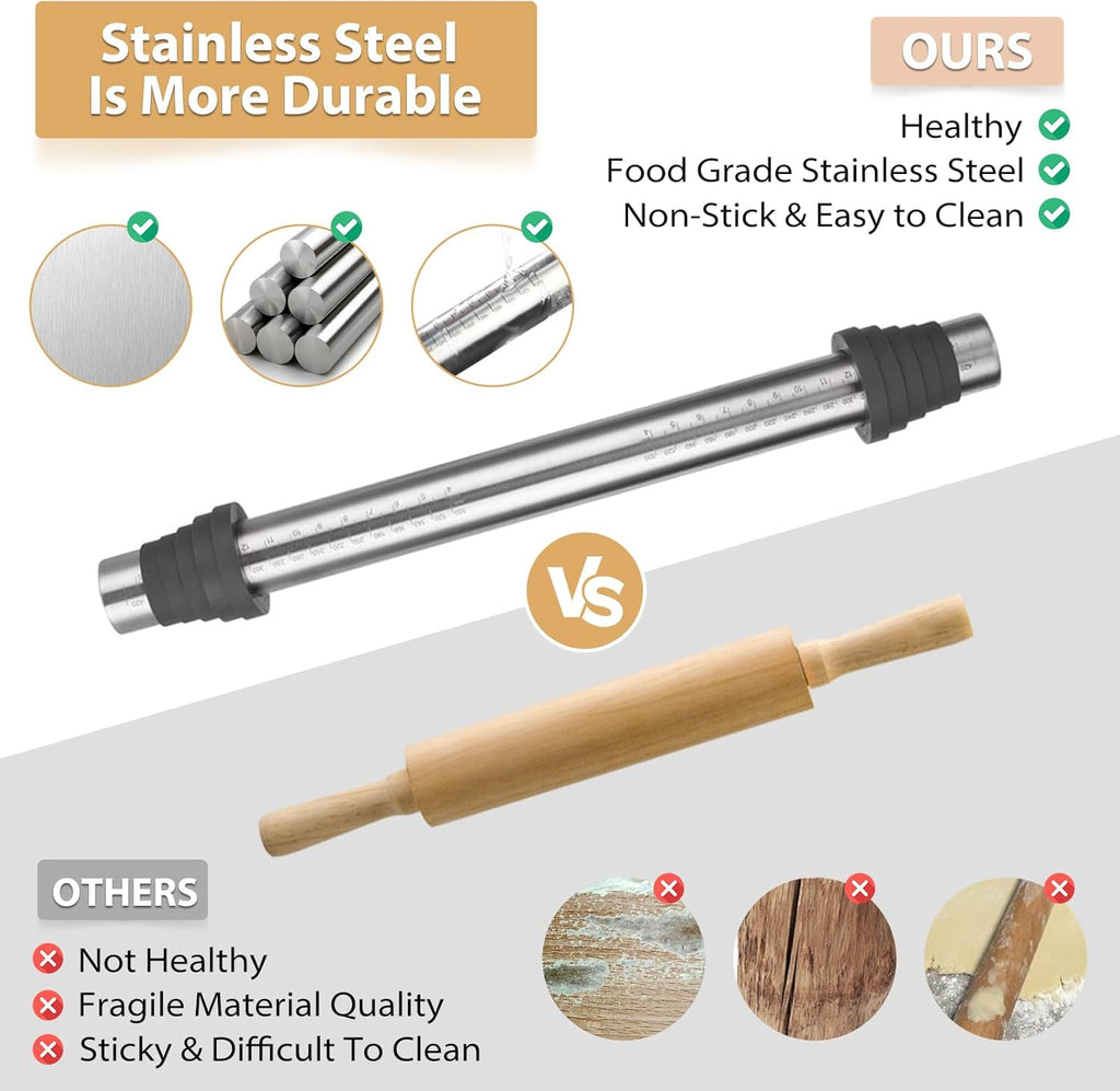 Skiennix Adjustable Rolling Pin - Non-Stick Stainless Steel Dough Roller with Thickness Rings | 17.5" Grey