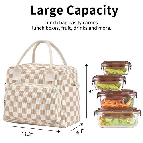 OYLOLA Lunch Bag Women Lunch Box for Women Adult Cute Insulated Lunch Bag Lager Cooler Lunch Tote Bags for Work Picnic (Beige-Brown Plaid)