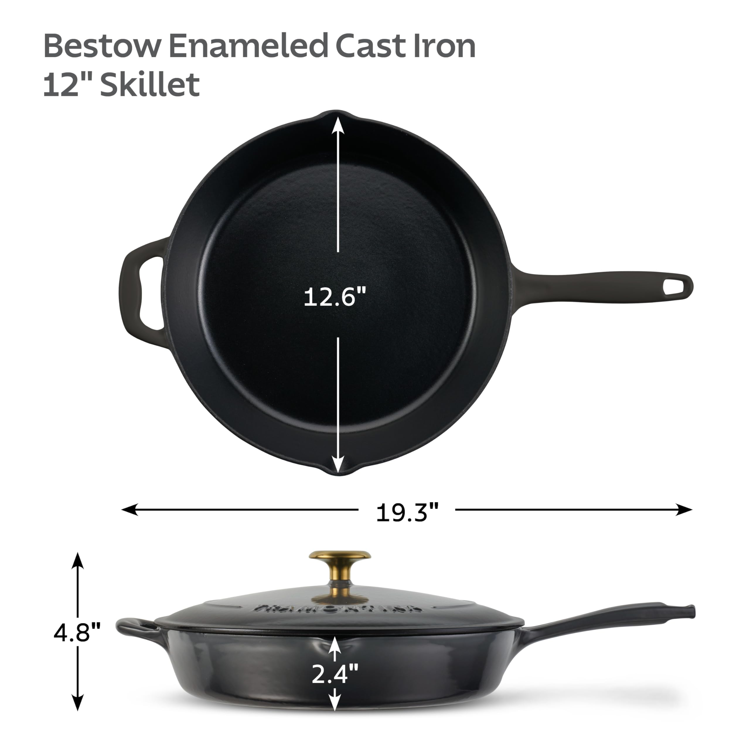 Tramontina Bestow Enameled Cast Iron Skillet with Lid, 12-inch Frying Pan, Smoke with Gold Knob