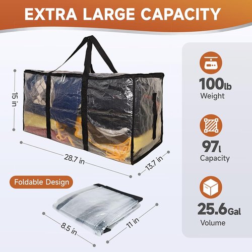 CONGREGATE Extra Large Moving Bags - 97L Heavy Duty Totes with Reinforced Handles & Metal Zippers | 8 Pack, Foldable Storage Boxes