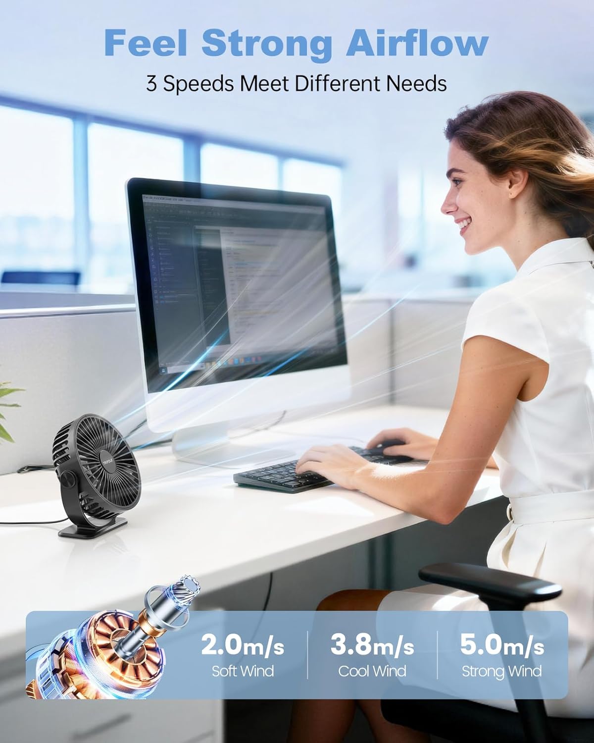 TriPole USB Powered Desk Fan - Portable Mini Fan with 3 Speeds & 360° Rotation | Quiet for Home & Office, Black