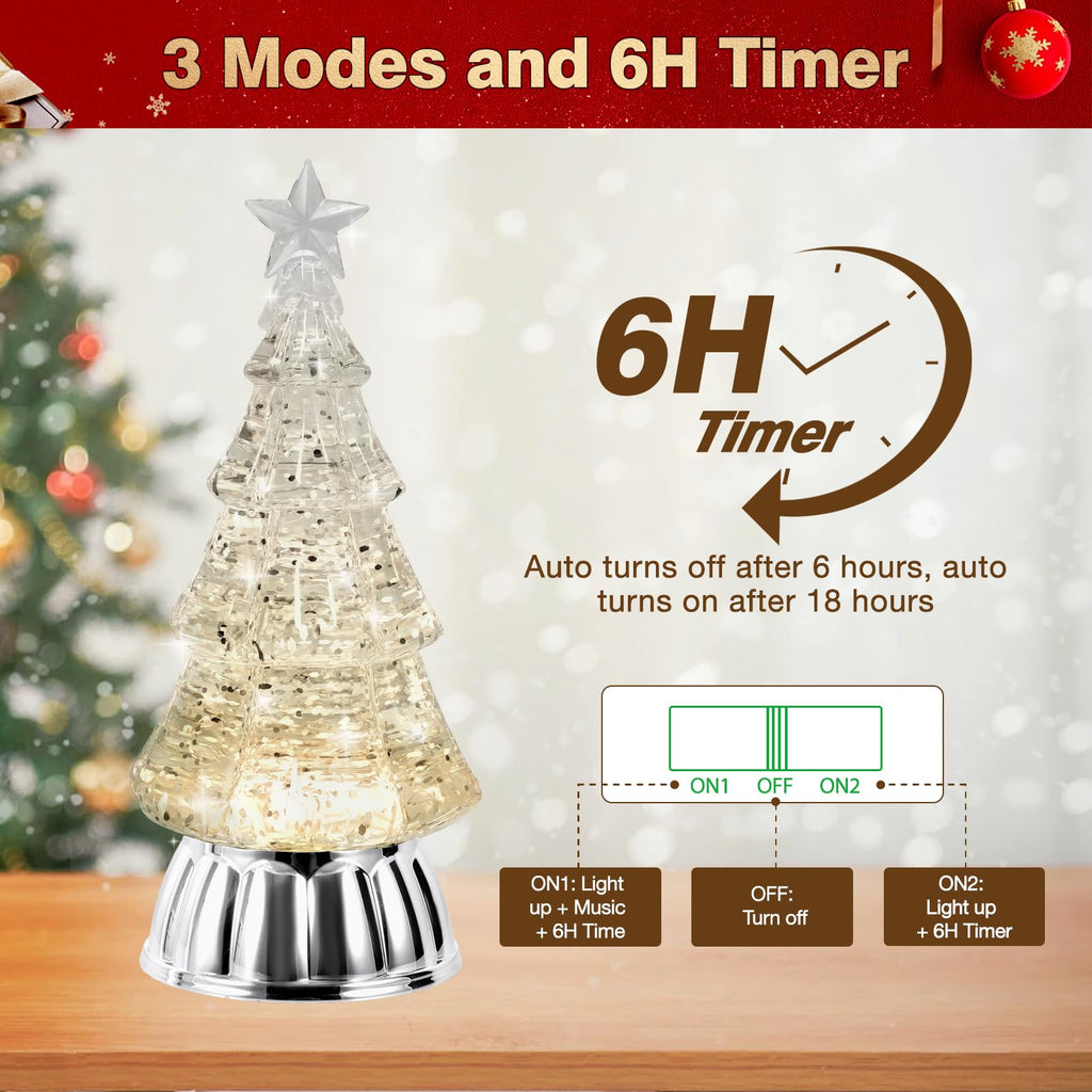 Christmas Tree Snow Globe Lantern with Warm Light 6H Timer Water Snow Globe Lantern USB & Battery Operated for Christmas Festival Decorations Gifts (Silver Tree)