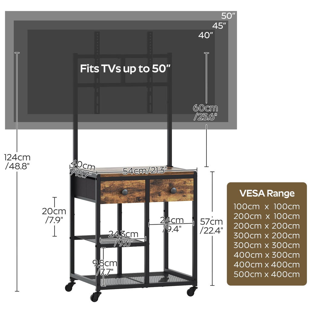 YATINEY TV Stand with Mount, Corner TV Stand with Wheels, for TVs up to 50 Inches, Rolling Entertainment Center, Small TV Stands, for Living Room, Meeting Room, Bedroom, Rustic Brown DS08BR