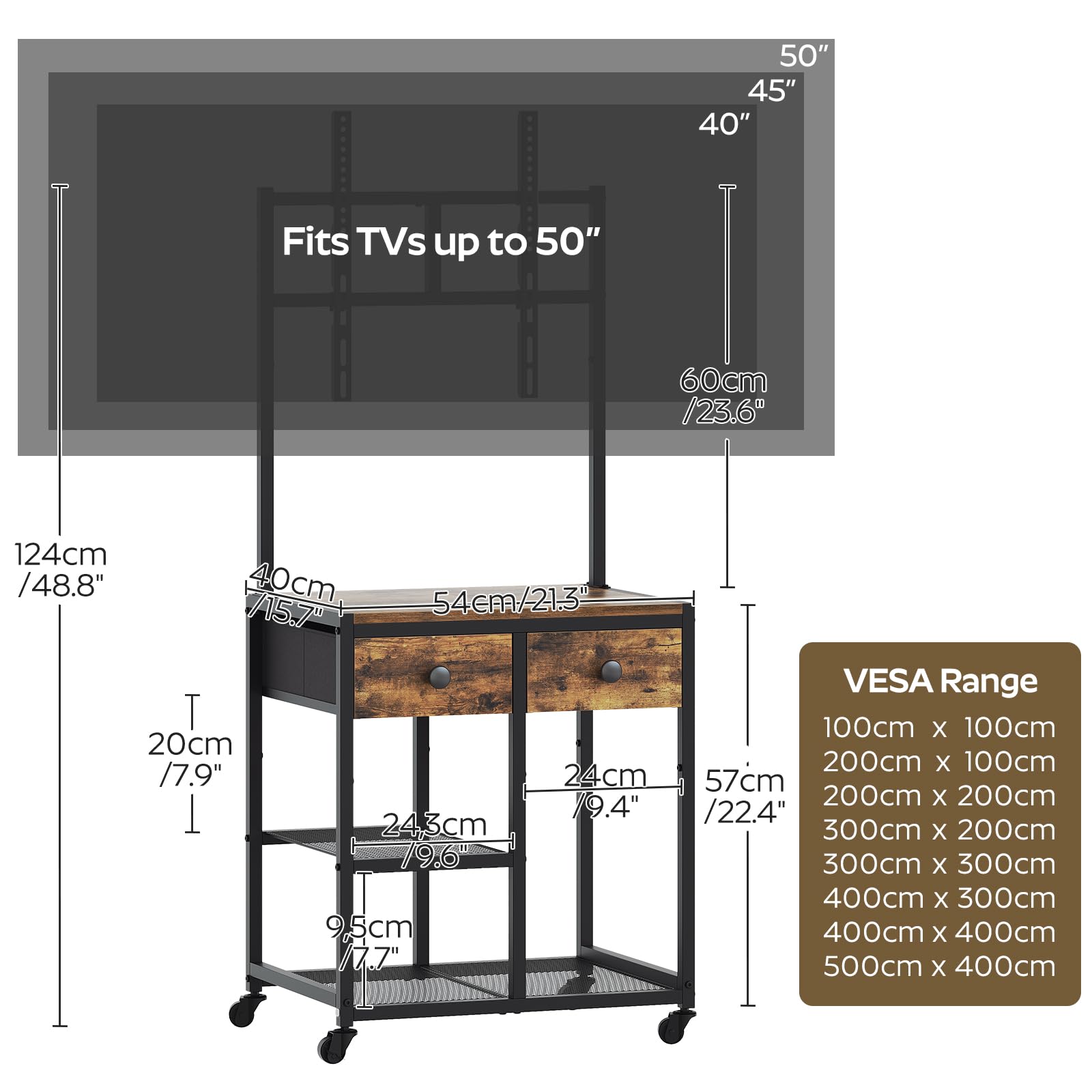 YATINEY TV Stand with Mount, Corner TV Stand with Wheels, for TVs up to 50 Inches, Rolling Entertainment Center, Small TV Stands, for Living Room, Meeting Room, Bedroom, Rustic Brown DS08BR