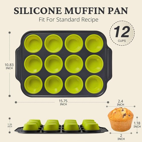 BRONYPRO Silicone Muffin Pans - Nonstick Baking Molds with Metal Frame | 12 Regular Size, Lime Green